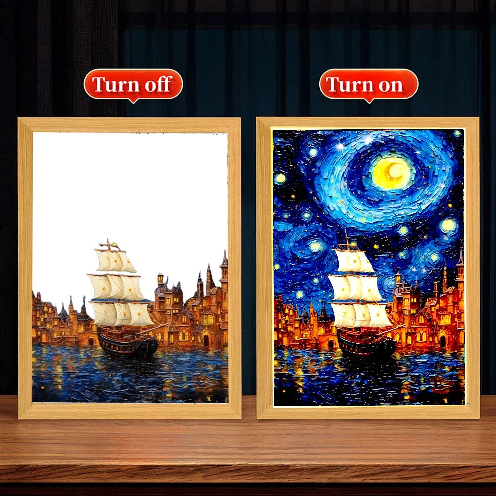 Van Gogh Style Colonial Ship LED Light Up Painting Wall Art Oficina Bedroom Home Room Decor Friend Gifts