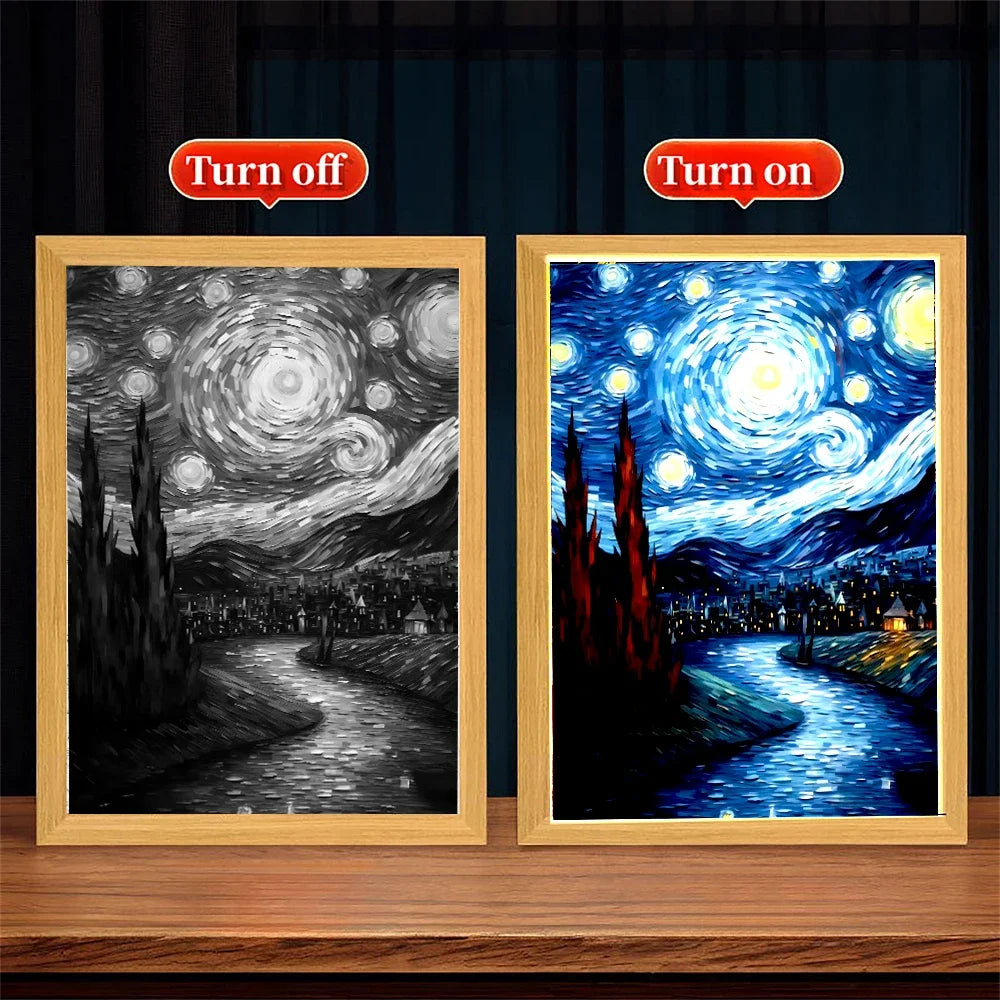 Van Gogh The Starry Night LED Light Up Painting Wall Art Oficina Bedroom Home Room Decor Friend Gifts