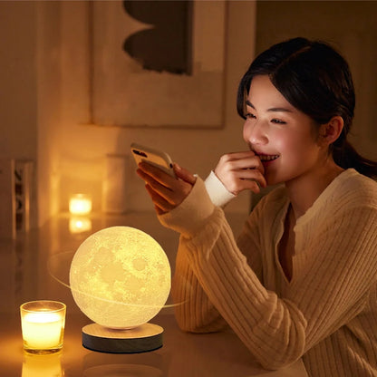 Levitating Moon Magnetic Floating Night Light, Creative Table 3D Printed LED Lamp with Wooden Base for Gift Office Bedroom Home